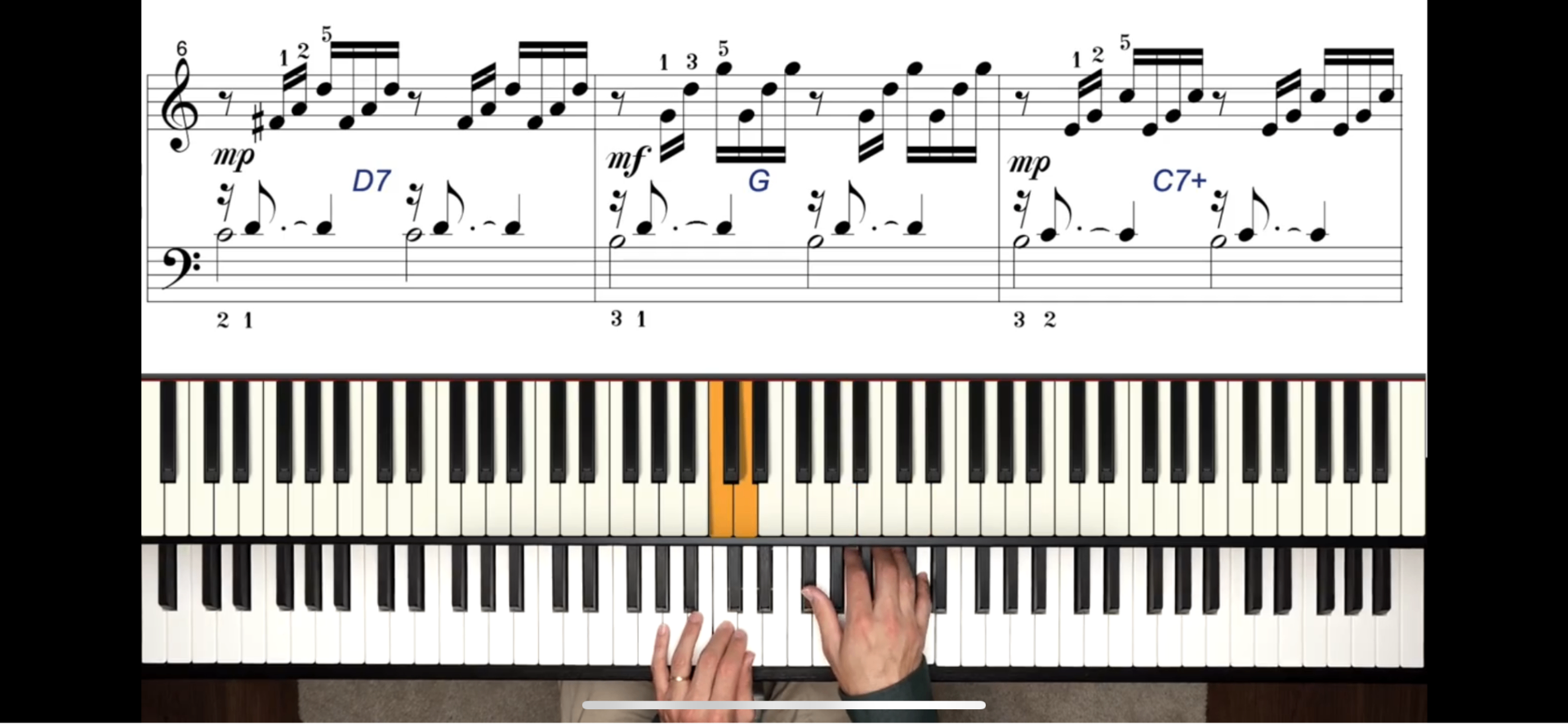 Tutorial em horizontal: partitura sincronizada, dedilhado e teclado real