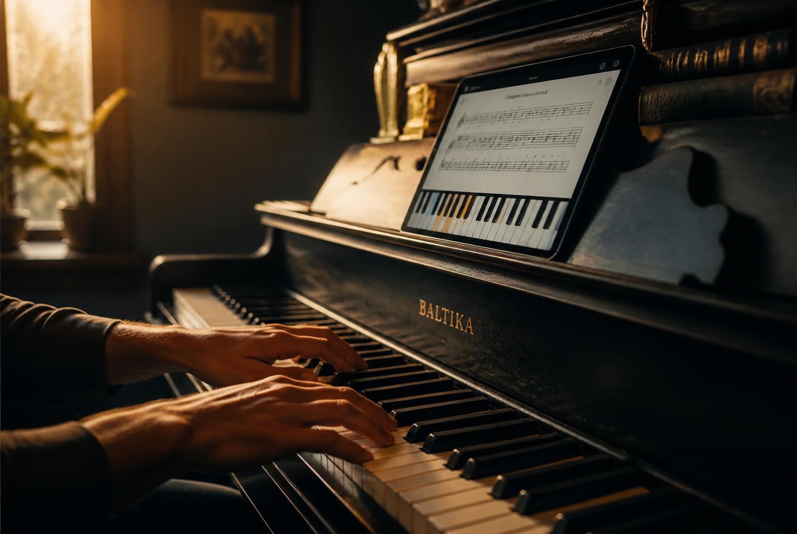 Mãos tocando piano vertical com o app aberto no tablet