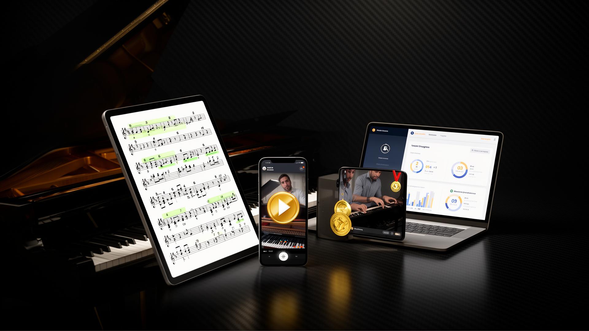 App em telefone, tablet e computador apoiado em piano